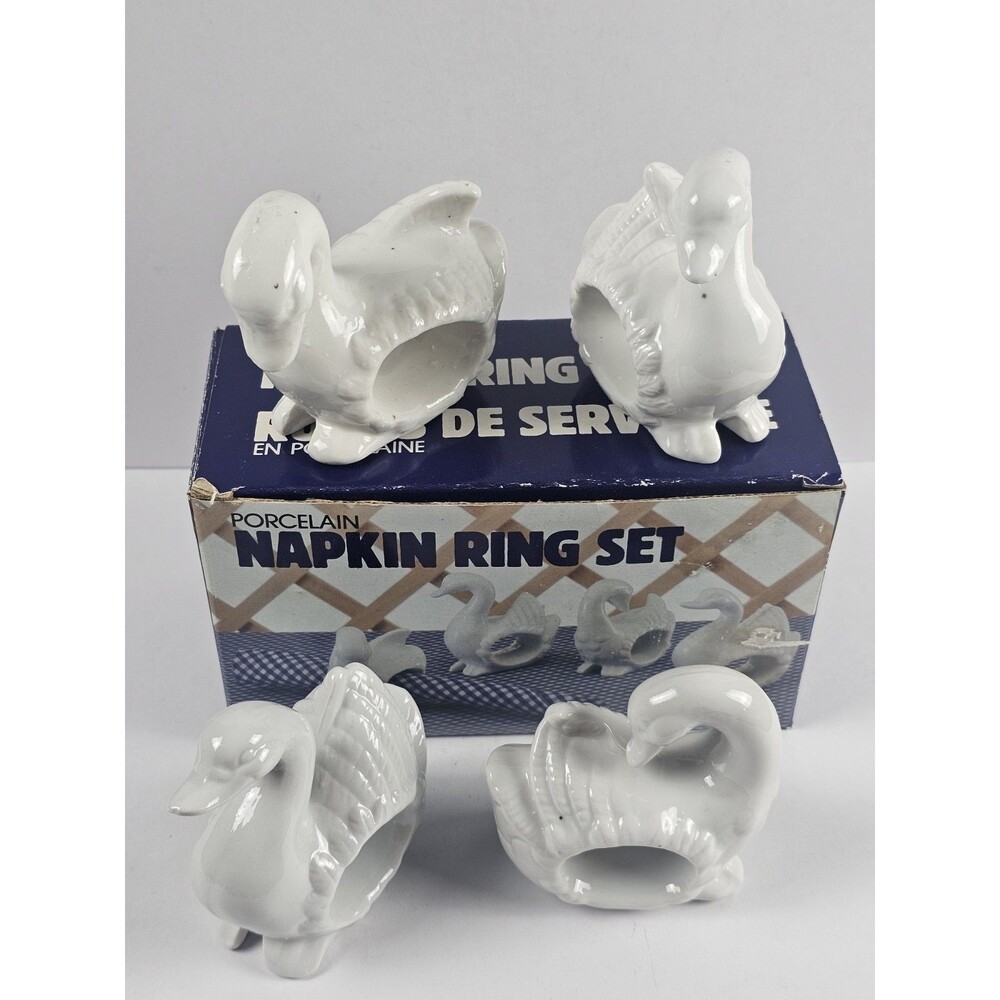 White Duck Goose Swan Porcelain Napkin Rings Holders Vintage set of 4